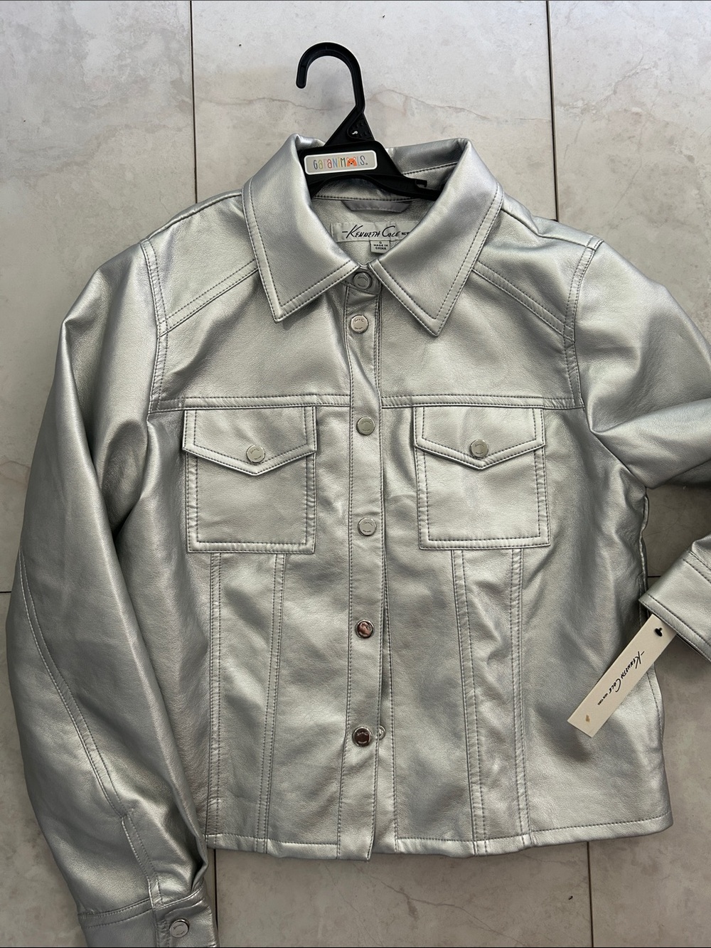 Kenneth Cole Metallic Silver Vegan Leather Trucker Jacket